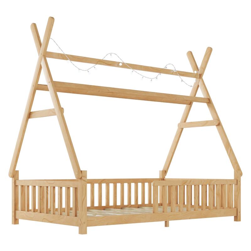 House Bed with Light, Low Toddler Floor Bed House-shaped Roof Frame with Fence and Roof for Kids Boys Girls