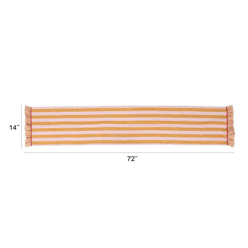 Woven Cotton Striped Table Runner with Ruffle & Ric Rac Trim - 72.0"L x 14.0"W x 0.25"H