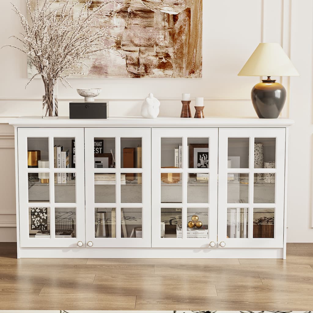 White Wall Cabinet with Glass Panel Doors, 4-Door Hanging Storage Unit for Kitchen, Coffee Bar, Laundry Bookshelves
