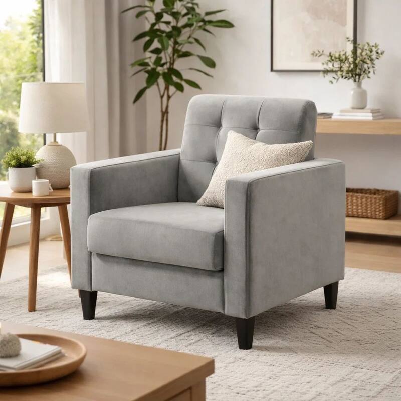 Oz 28 Inch Modern Accent Armchair with Foam Cushion, Tufted Gray Velvet