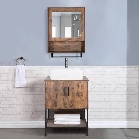24" Bathroom Vanity Set Vessel Sink Medicine Cabinet Faucet Drain Hose Combo