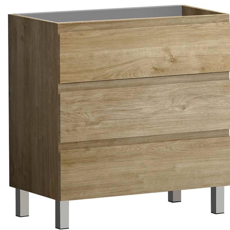 HomeRoots 32" Oak Wood Freestanding Bathroom Vanity With White Sink And Three Drawers - 32.00 in. x 39.06 in. x 18.10 in.