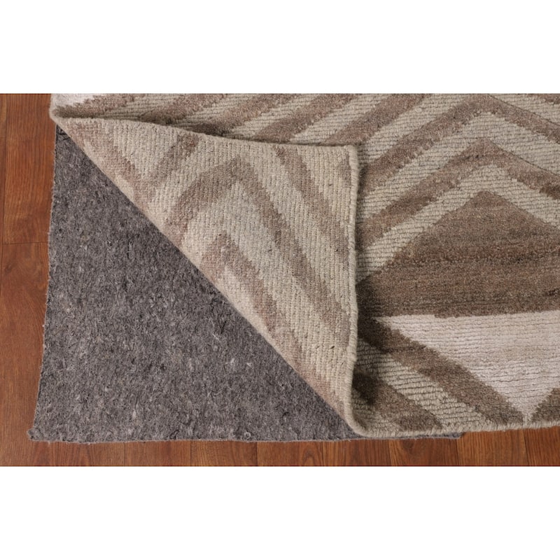 Geometric Modern Oriental Area Rug Handmade Beige Wool Carpet - 9'0" x 11'8"