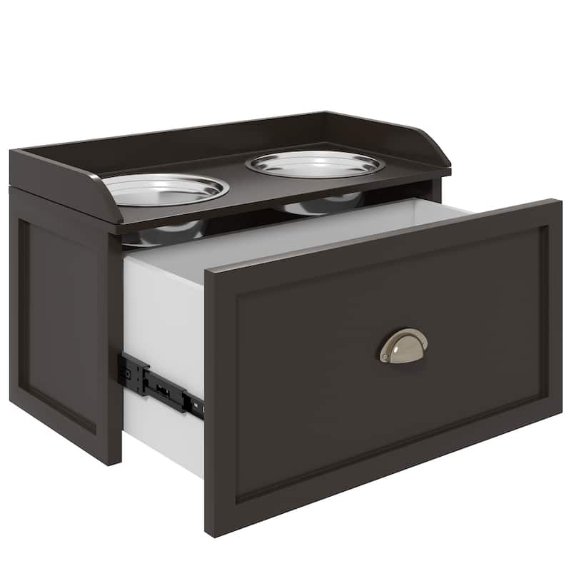 Elevated Dog Feeder Stand for Large Dogs with Storage Drawer and 2 Stainless Steel Bowls - 23.5" W x 11.75"D x 14.25" H - Brown