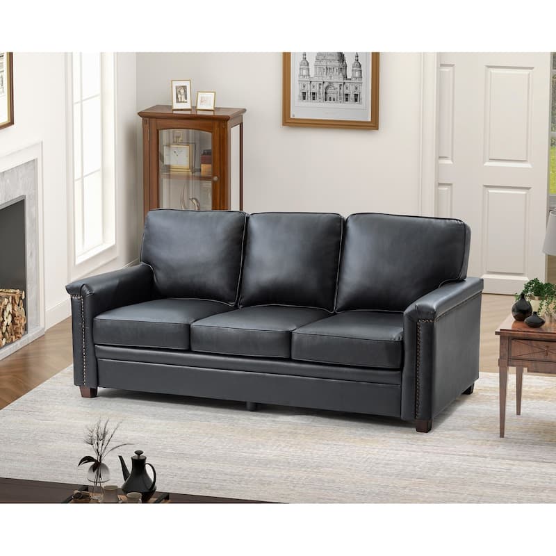 Rita Transitional Living Room 3-Seat Genuine Leather Nailhead Sofa with Solid Wood Legs and Removable Cushions