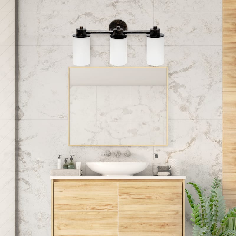 Wall Mounted Three Light Vanity Fixture with Opaque Glass Shade - 20.75" - Oil Rubbed Bronze and White