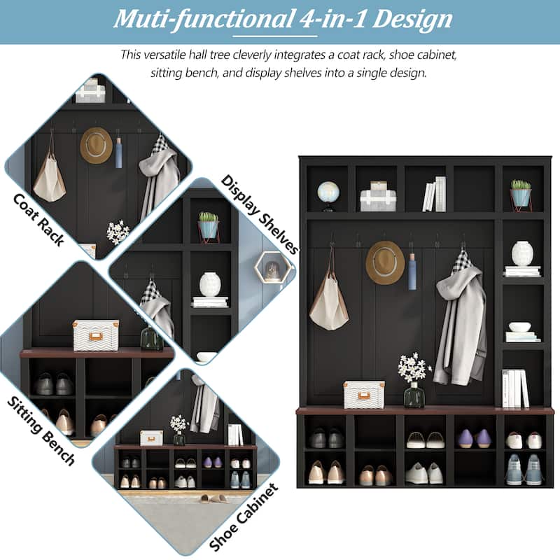 Farmhouse Entryway Hall Tree with Coat Rack, 13 Cubbies Shoe Storage, Adjustable Shelves & Walnut Bench