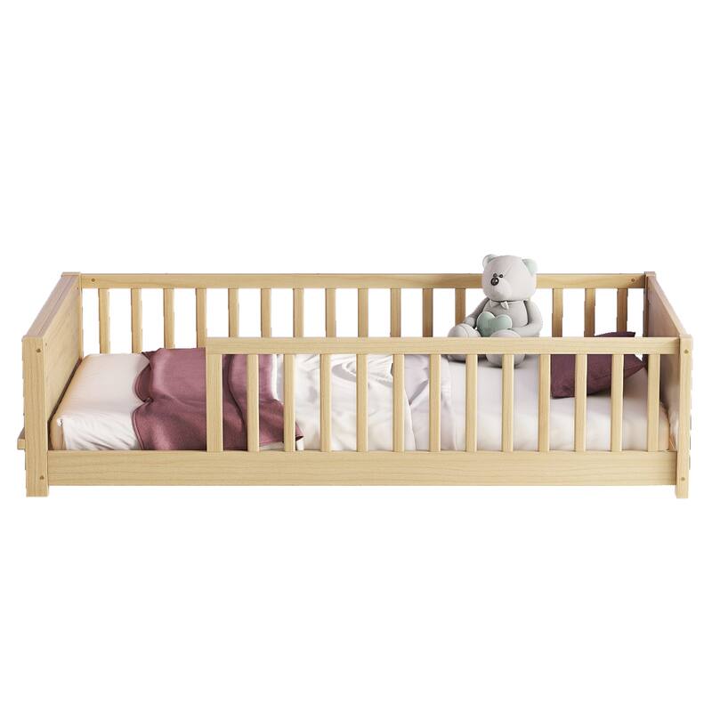 GDFStudio - Kensington Twin Floor Platform Bed with Built-in Book Storage Rack and Guardrails