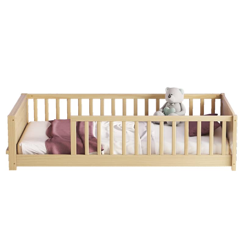 Natural Twin Size Pine Wood Floor Platform Bed with Built-in Book Storage Rack and Fence