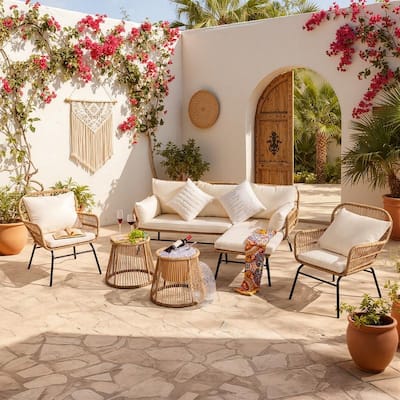 6-Piece Boho Wicker Patio Furniture Set, L-Shaped Sectional Sofa with Ice Bucket, 500 lbs Capacity Outdoor Conversation Set
