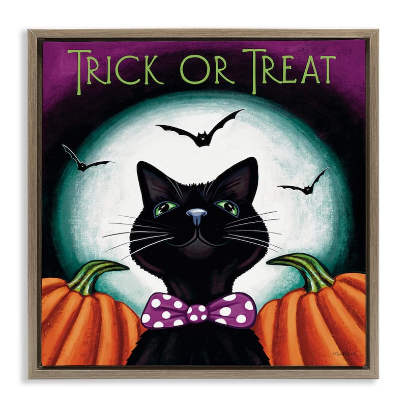 Stupell Trick Or Treat Cat Framed Floater Canvas Wall Art Design By Elizabeth Tyndall - 18 x 18 - Brown