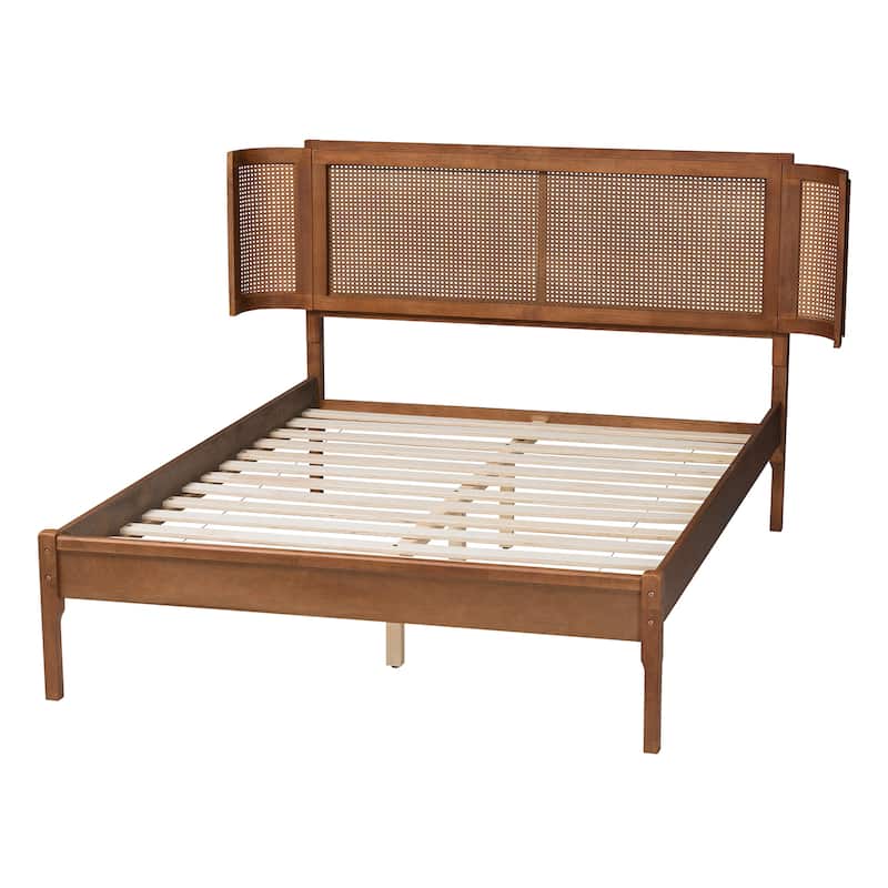 Eridian Mid-Century Modern Walnut Brown Finished Wood and Natural Rattan Platform Bed