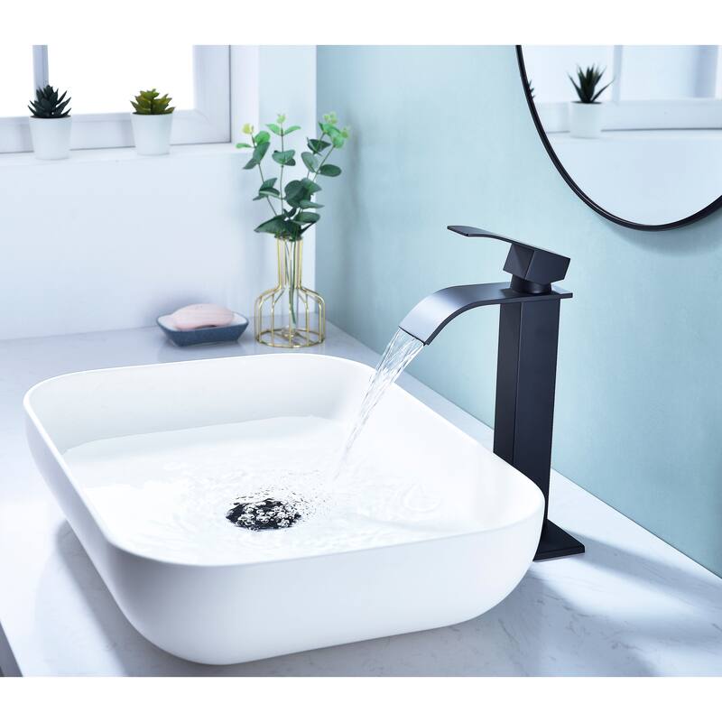 Waterfall Spout Bathroom Sink Single Handle Faucet with Pop-Up Drain (No Overflow)