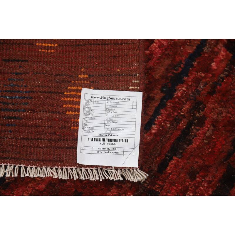 Geometric Moroccan Oriental Rug Handmade Red Wool Carpet - 6'9" x 9'11"