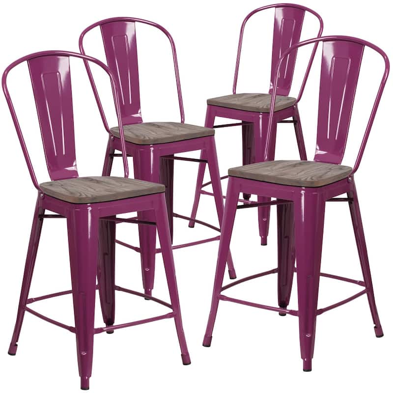 4 Pk. 24" High Metal Counter Height Stool with Back and Wood Seat - 17.75"W x 22"D x 40.25"H - 17.75"W x 22"D x 40.25"H