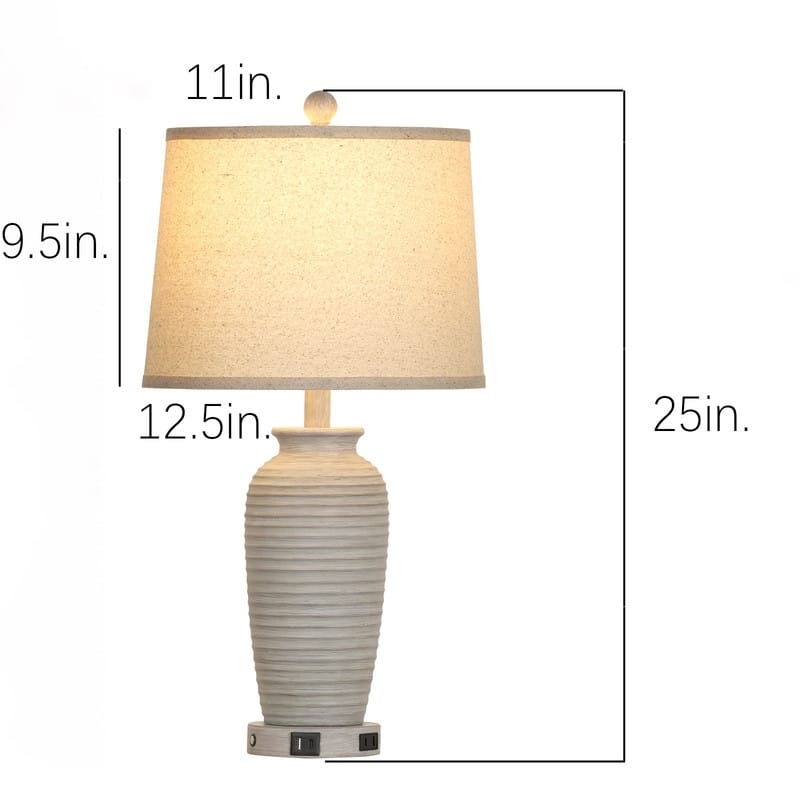 25'' Grey Modern Table Lamp with Dual USB Charging Ports 3000K Dimmable LED(Set of 2) - 12.5‘’ x 12.5'' x 25''