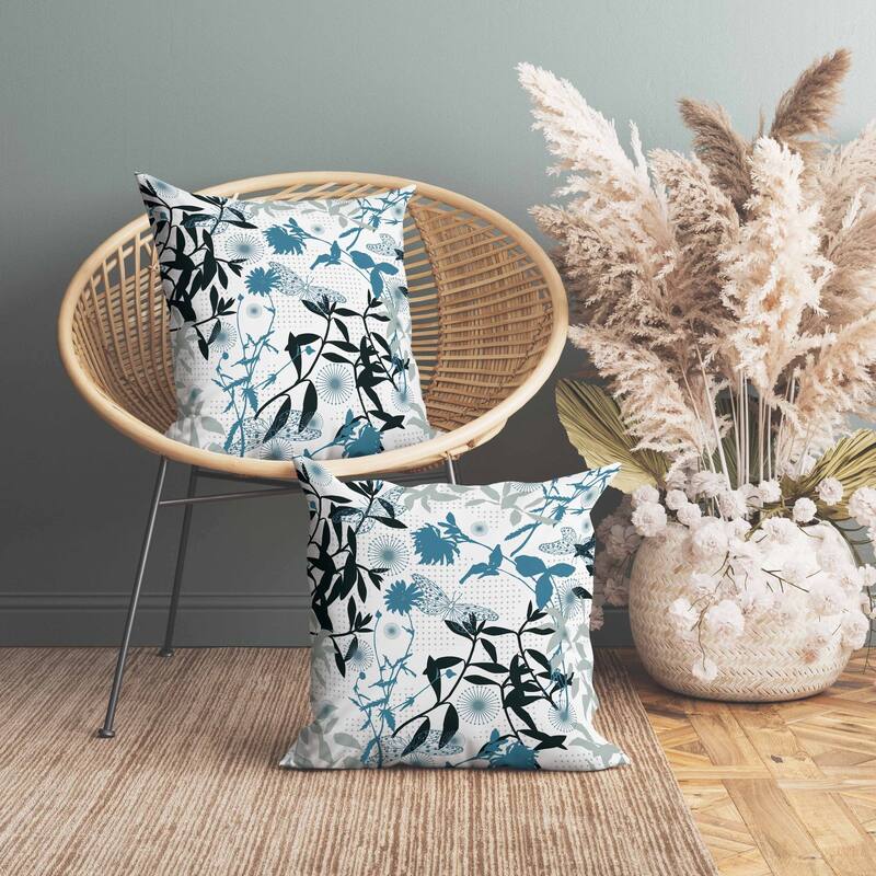 Butterfly Floral Orbit Faux Suede Reversible Throw Pillow Blue and White