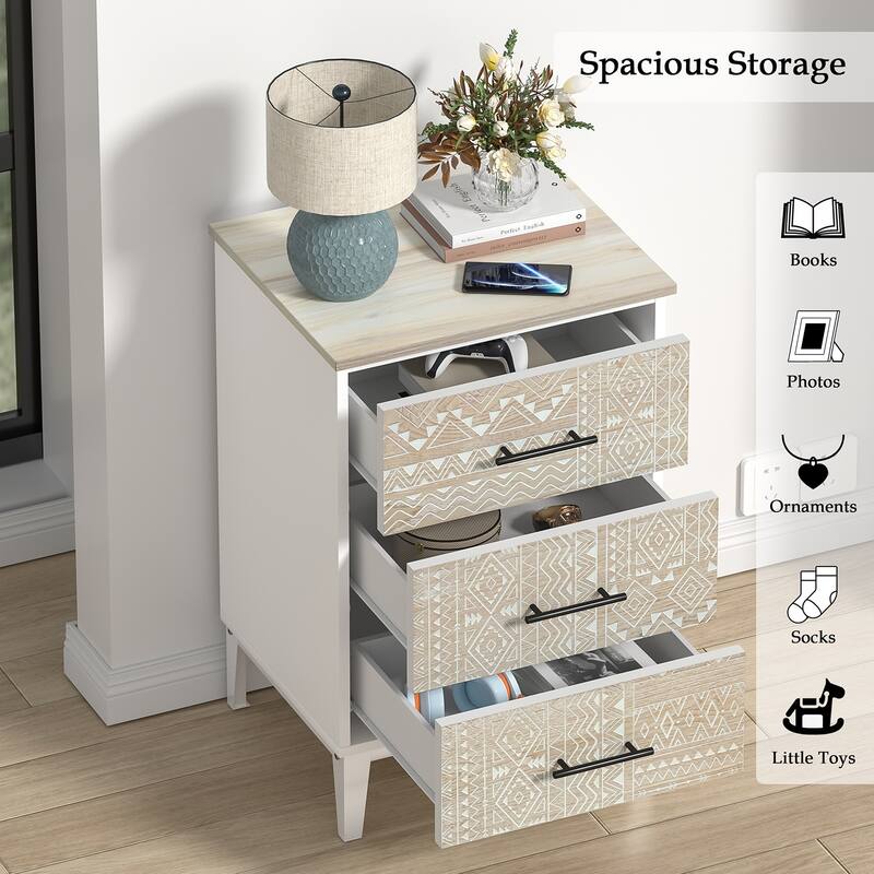 Anmytek Modern White Nightstand Wood Sofa End Table with 3 Drawers for Bedroom