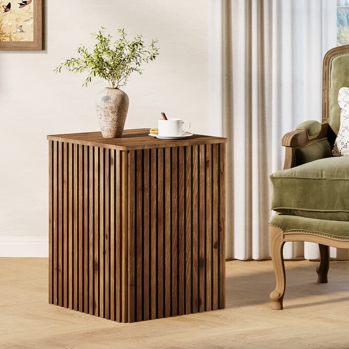 Solid Wood Fluted Side End Table with Storage and Removable Lid