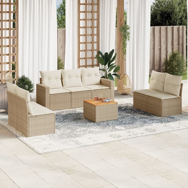 vidaXL Patio Sofa Set with Cushions Outdoor Furniture 8 Piece Poly Rattan - 25.8 x 24.4 x 27.2 - Beige and Cream