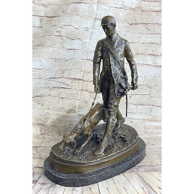 Original Italian Artist Aldo Vitaleh Hunter And Dog Bronze Marble Base Sculpture