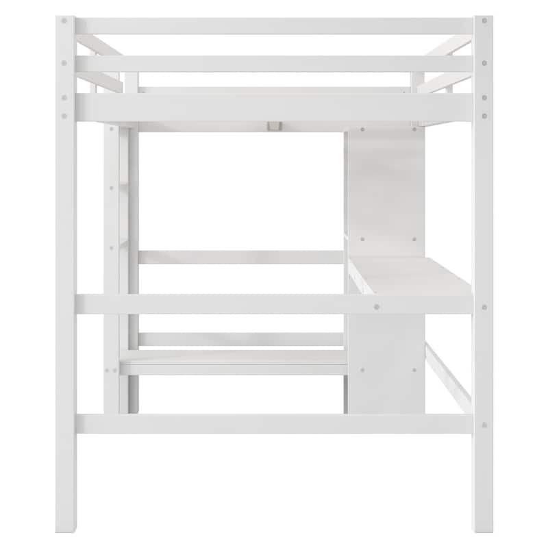 Full Size Loft Bed with Multifunction Shelves and Under-Bed Desk, Modern & Rustic Wooden Loft Bed Frame with High Guardrails