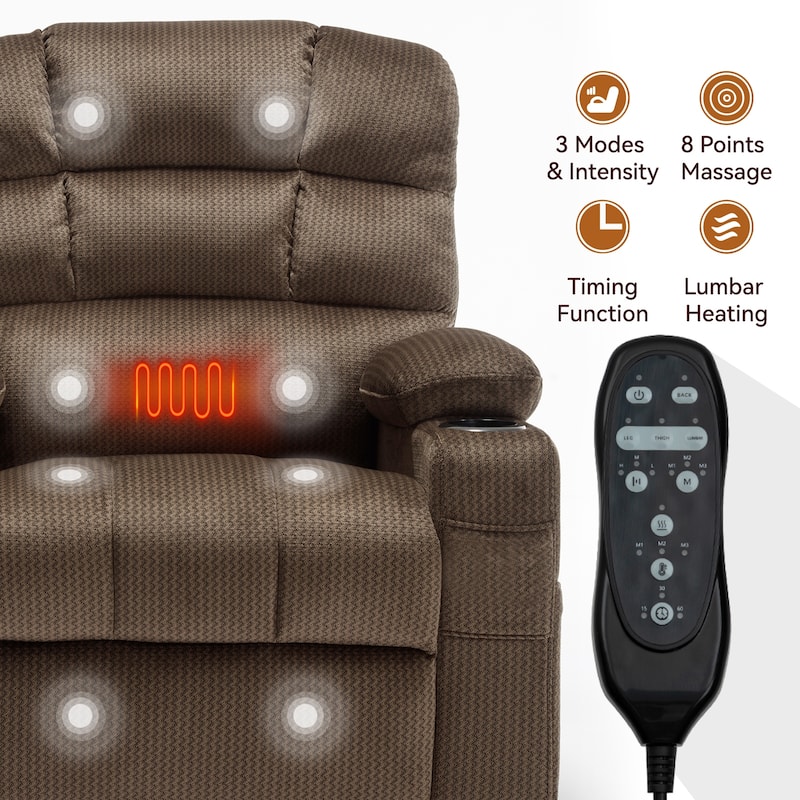 Dual Motor Power Lift Recliner Chair with Massage, Lumbar Heating, 8-Point Vibration, and Dual Cup Holders