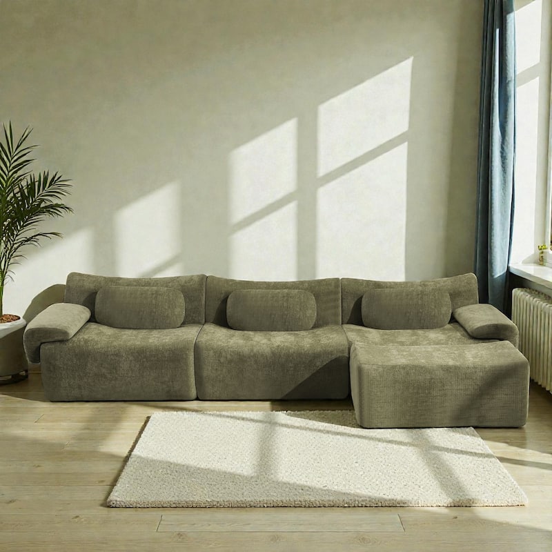 Modular Chenille Sofa Set with Armchair, Extra Large Deep Seat 3 Seater Compression Couch with Pillows - Green