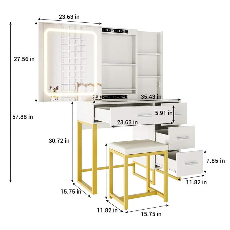 Makeup Vanity with Sliding LED Mirror, Charging Station, Drawers, Shelves & Stool