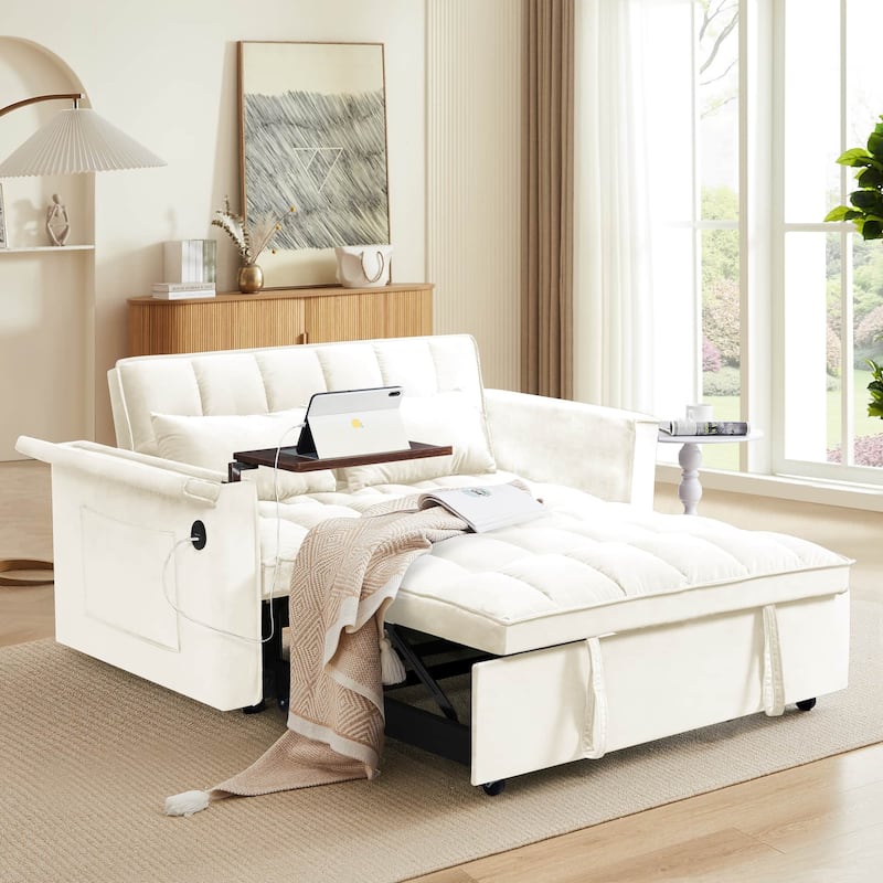 55.5" Convertible Velvet Double Sleeper Sofa Bed with Hidden Side Table - Beige