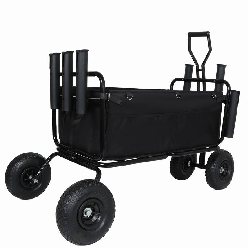 Fishing Cart Beach Cart Collapsible Wagon w/11'' All-Terrain Wheels for Sand, Heavy Duty Garden Cart with Rod Holders