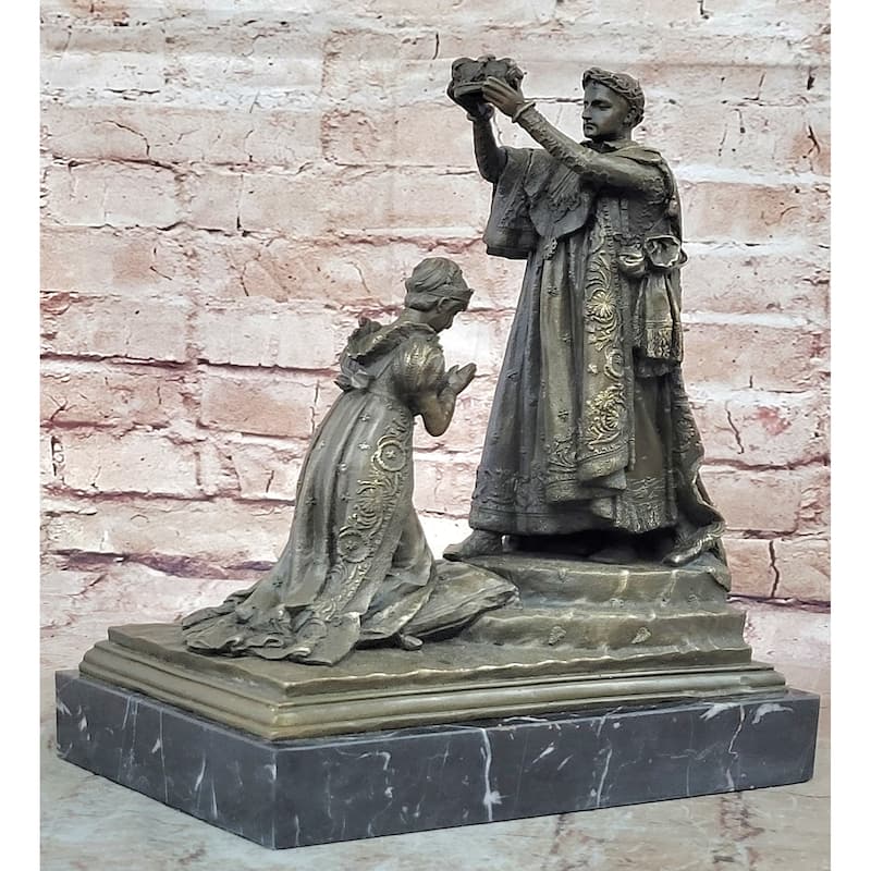 Bronze Coronation Sculpture – Medieval King Crowning Queen Statue On Marble Base