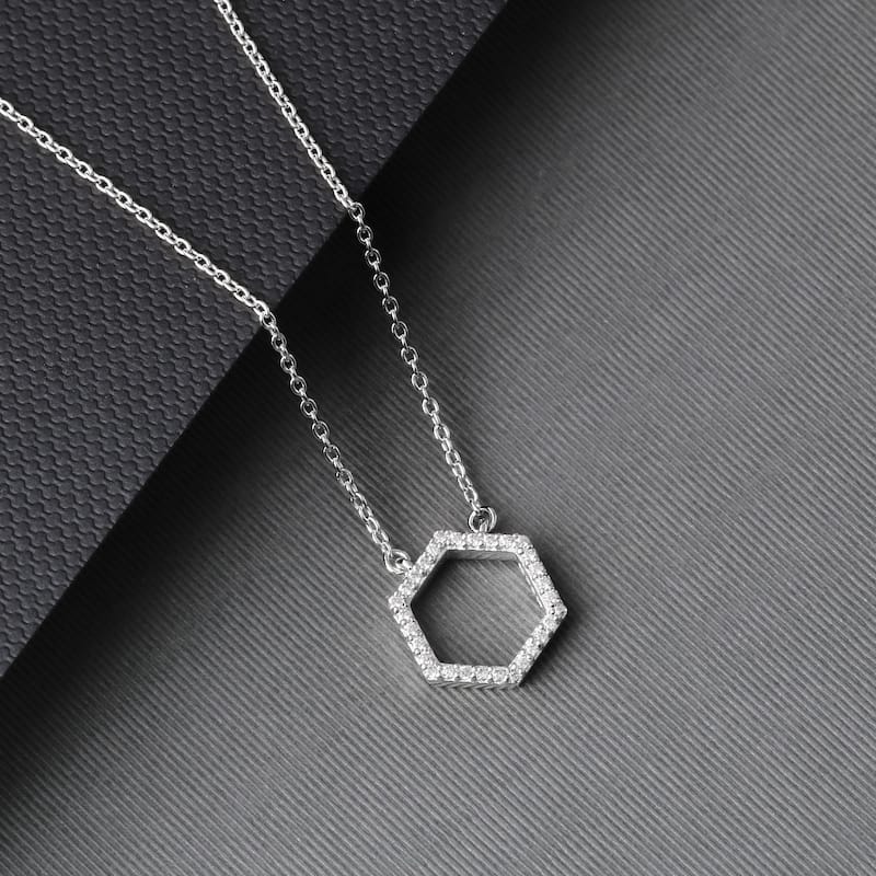 1/10ct Diamond Geometric Pendant Necklace in Silver for Women - Hexagon - White
