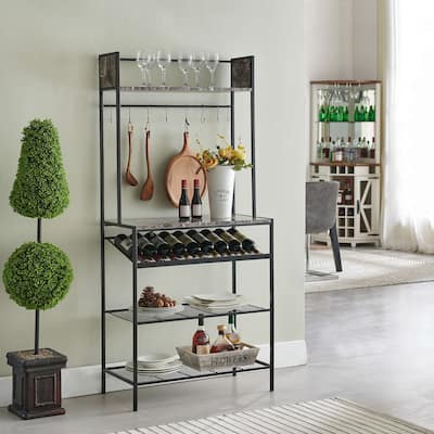 Black Marble Baker’s Rack - Microwave Stand for Kitchen with Wine Bottle Capacity & Hooks -Black