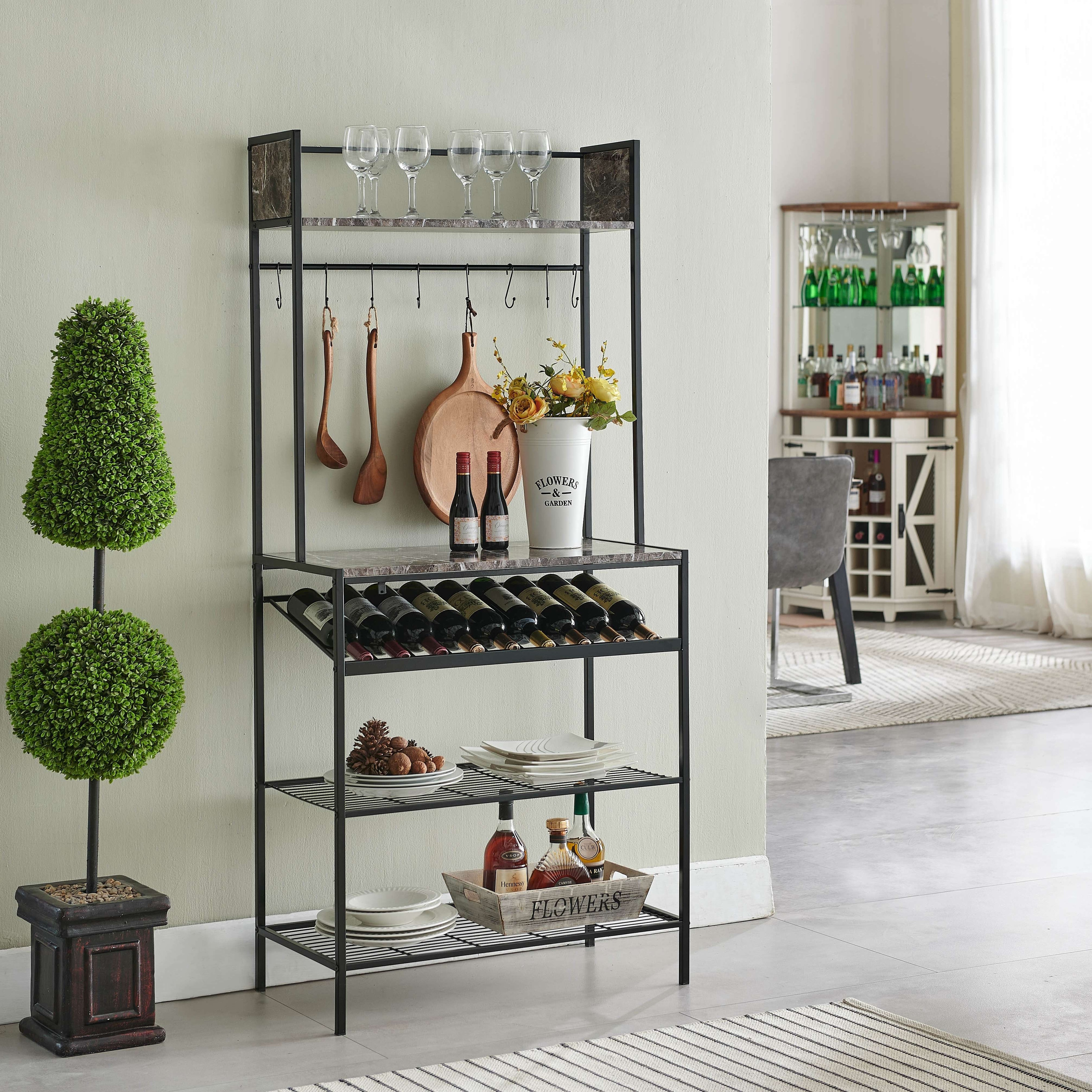 Black Marble Baker's Rack - Microwave Stand for Kitchen with Wine Bottle Capacity & Hooks -Black