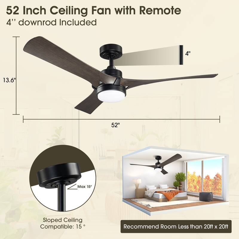 52" Modern Dark Walnut Dimmable LED Propeller Ceiling Fan with Light and Remote