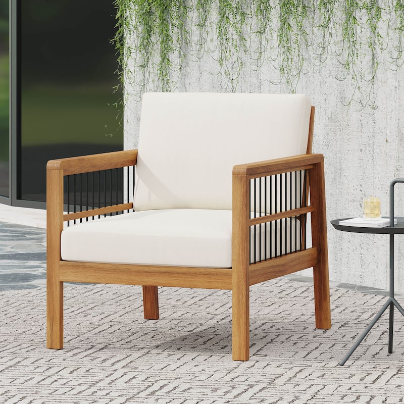 Roomfitters Acacia Wood and Wicker Outdoor Club Chair with Deep Seating and Cushion for Porch or Garden, Teak+Beige