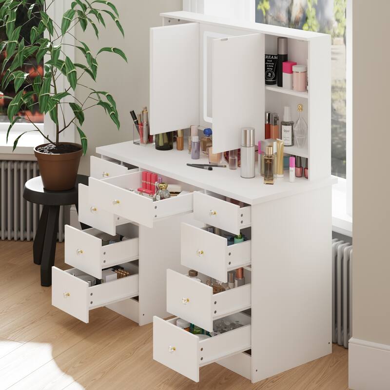 9-Drawer Vanity Set with Crystal Pulls and Versatile Mirror Lighting