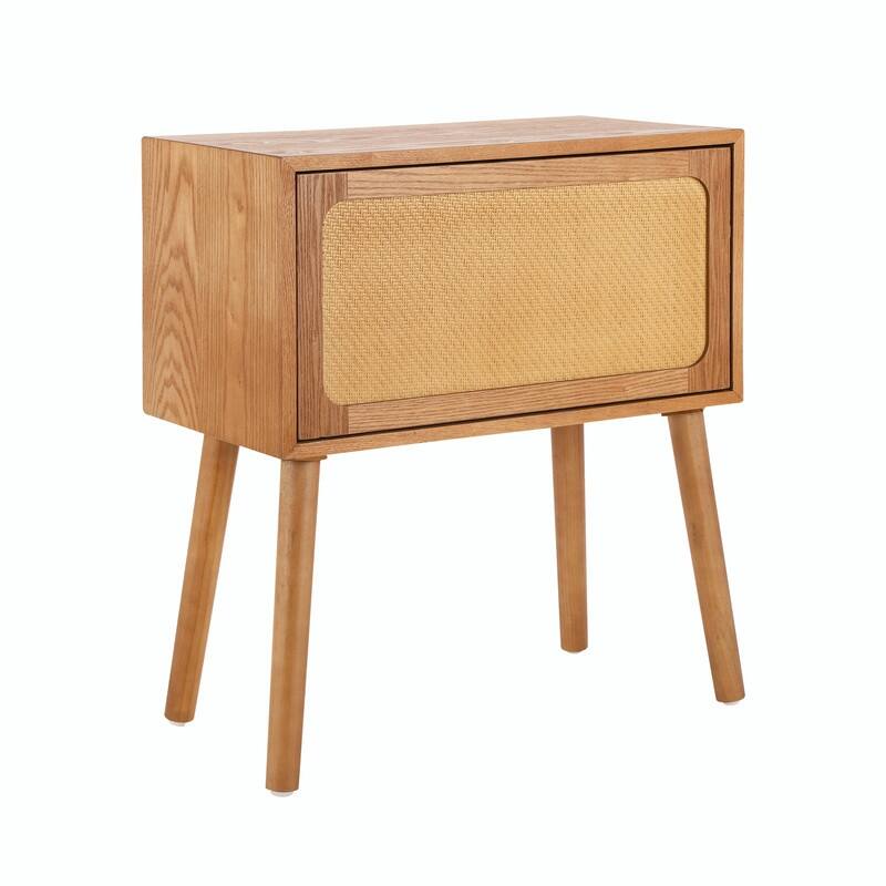Mid-Century Modern Rattan Nightstand with Rotating Hidden Compartment and Wood Legs