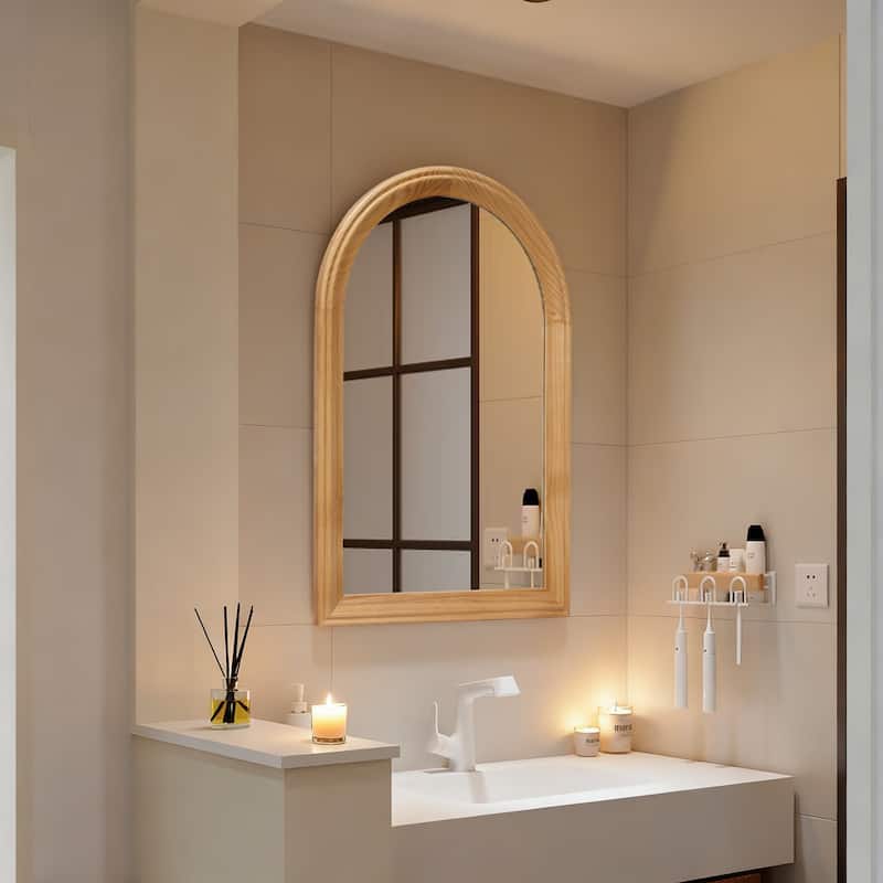 Arched Wood Framed Wall Mirror, 35.43" H x 23.62" W Rustic Decorative Mirror for Bathroom/Vanity/Living Room