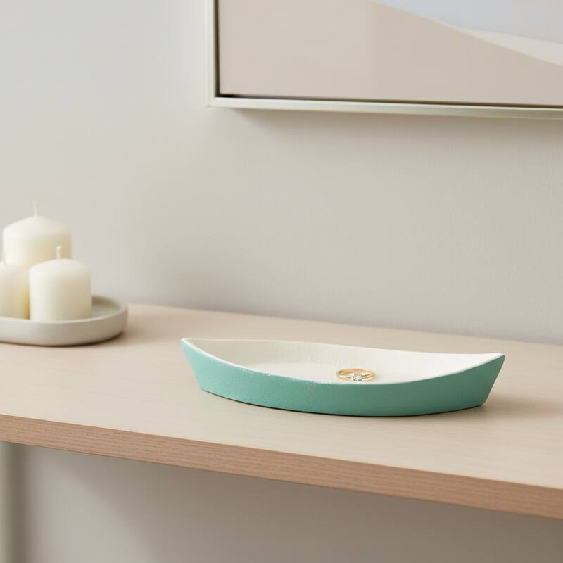HomeRoots 10" Aqua And White Cast Iron Oval Boat Shaped Tray - 9.75 in. x 1.25 in. x 4.25 in. - White/Aqua - 9.75 in. x 1.25 in.  x 4.25 in.