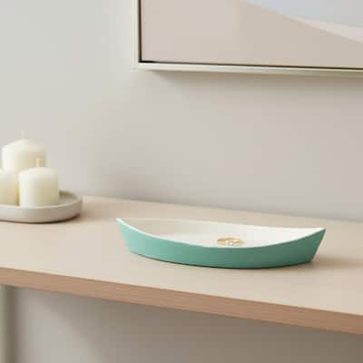 HomeRoots 10" Aqua And White Cast Iron Oval Boat Shaped Tray - 9.75 in. x 1.25 in. x 4.25 in.