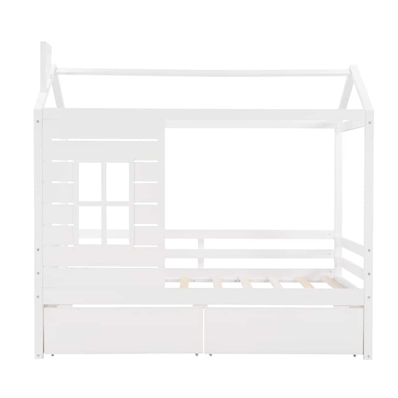 Twin House Bed for Kids with Drawers, Pine Wood Frame, Playhouse-Inspired Design, Storage Space, Easy Assembly