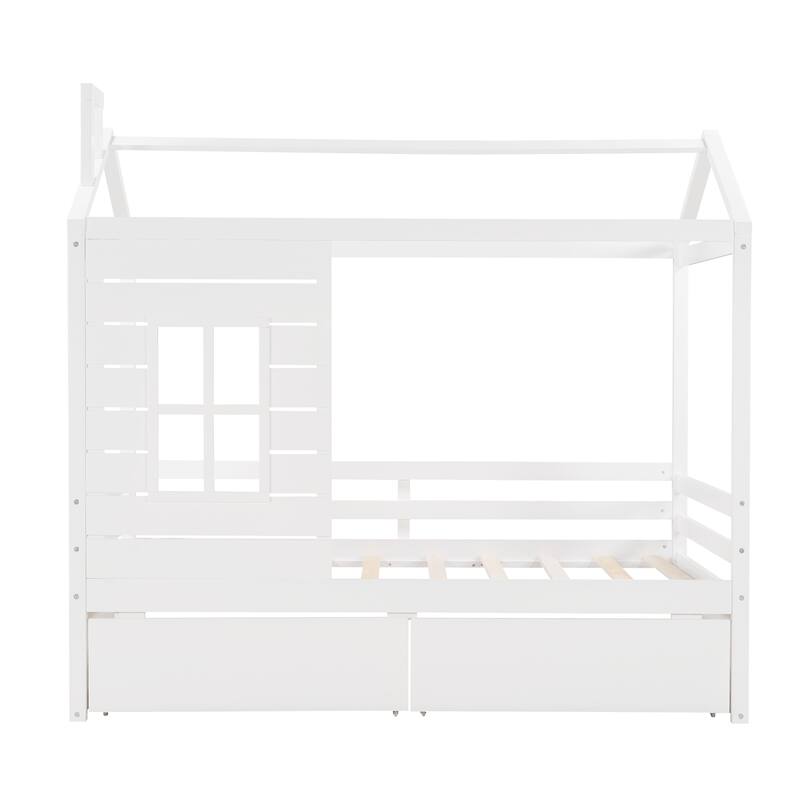 Twin House-Shaped Wooden Bed with Drawers, Kids Bed with Storage and Guardrails