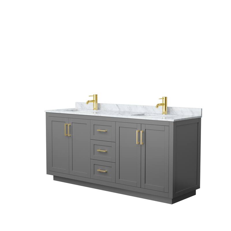 Miranda Double Vanity Set, White Carrara Marble Top, No Mirror - 72-Inch Double - Dark Gray, Gold Trim, White Carrara Marble Top