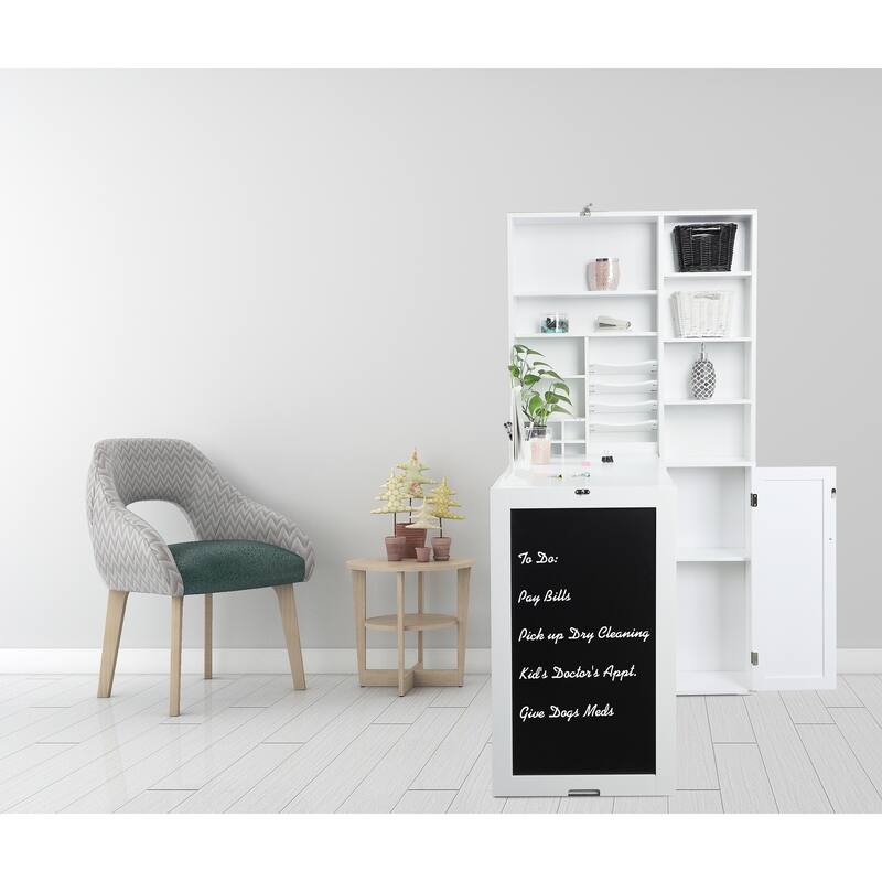 Utopia Alley Collapsible Fold Down Desk Table with Large Storage Cabinet & Bottom Shelves, Computer Desk, White