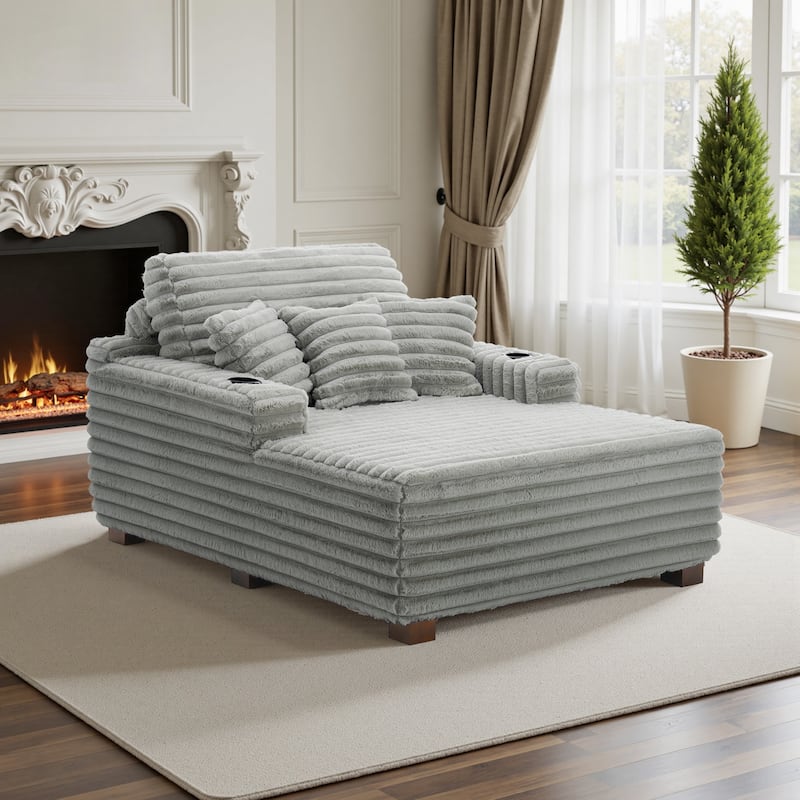 Indoor 53" Oversized Plush Chaise Lounge with Pillows and Cup Holder