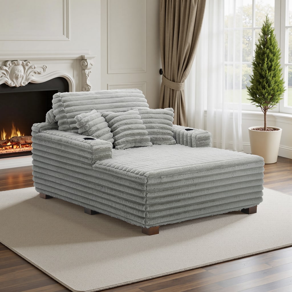 Indoor 53" Oversized Plush Chaise Lounge with Pillows and Cup Holder