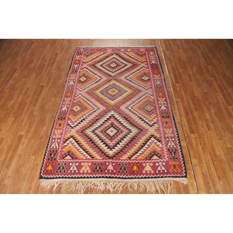 100% Pink Geometric Kilim Persian Vintage Area Rug Wool Carpet - 5'5"x 9'2"