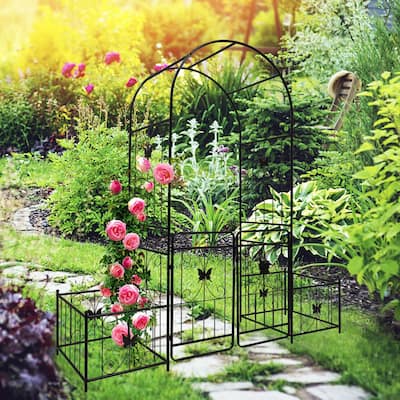 Metal Garden Arch with Gate 79.5'' Wide x 86.6'' High Climbing Plants Support Rose Arch Outdoor